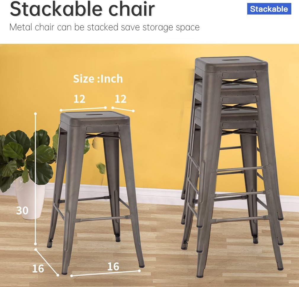 Vnewone Metal Bar Stools Set of 4 Counter Height Barstools Stackable Metal Chairs High Backless Dining Stool Bar Chair for Indoor Outdoor Patio Home Kitchen (30", Gun)