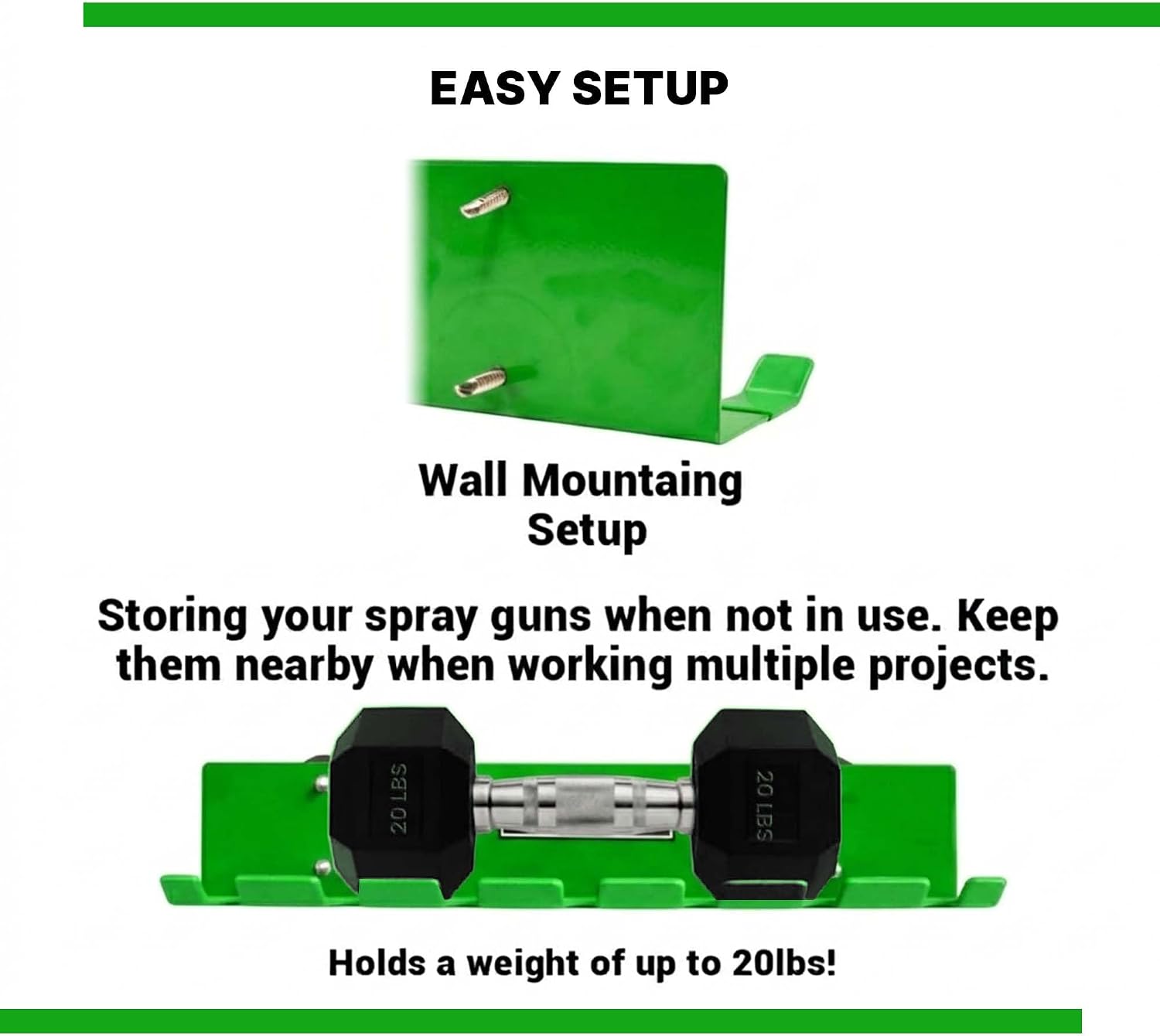LAUCO Omni Tool Wall Mounted Paint Spray Gun Holder Holds 7 Guns without Cups or 4 with Cups, Heavy Duty Screw Mount Rack, Stable Scratch-Free Design, Green, 1 Pack