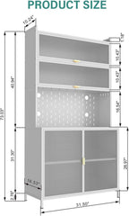 73'' Kitchen Cabinet with Countertop, Freestanding Food Pantry Cabinet with Doors & Microwave Shelf, Coffee Bar Hutch Cabinets with Storage & Pegboard for Kitchen Dining Room Living Room (White)
