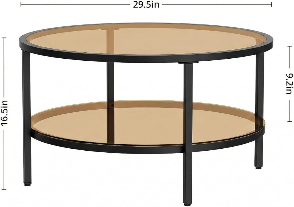 DIYART 29.5" Round Glass Coffee Table, 2-Tier Modern Amber Glass & Metal End Table for Living Room, Mid Century Accent Table with Lower Shelf, 29.5" D x 16.5" H