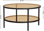 DIYART 29.5" Round Glass Coffee Table, 2-Tier Modern Amber Glass & Metal End Table for Living Room, Mid Century Accent Table with Lower Shelf, 29.5" D x 16.5" H