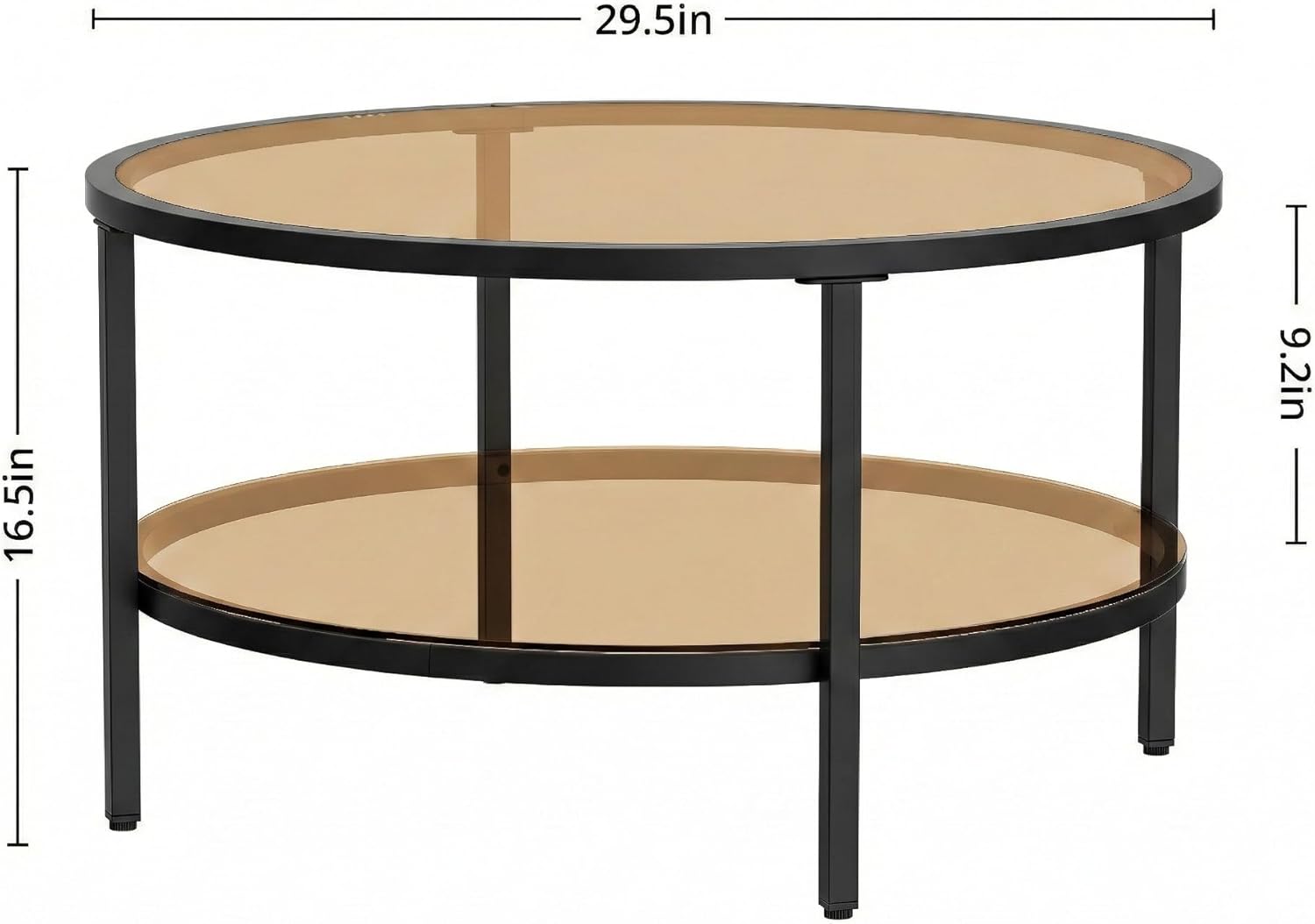 DIYART 29.5" Round Glass Coffee Table, 2-Tier Modern Amber Glass & Metal End Table for Living Room, Mid Century Accent Table with Lower Shelf, 29.5" D x 16.5" H