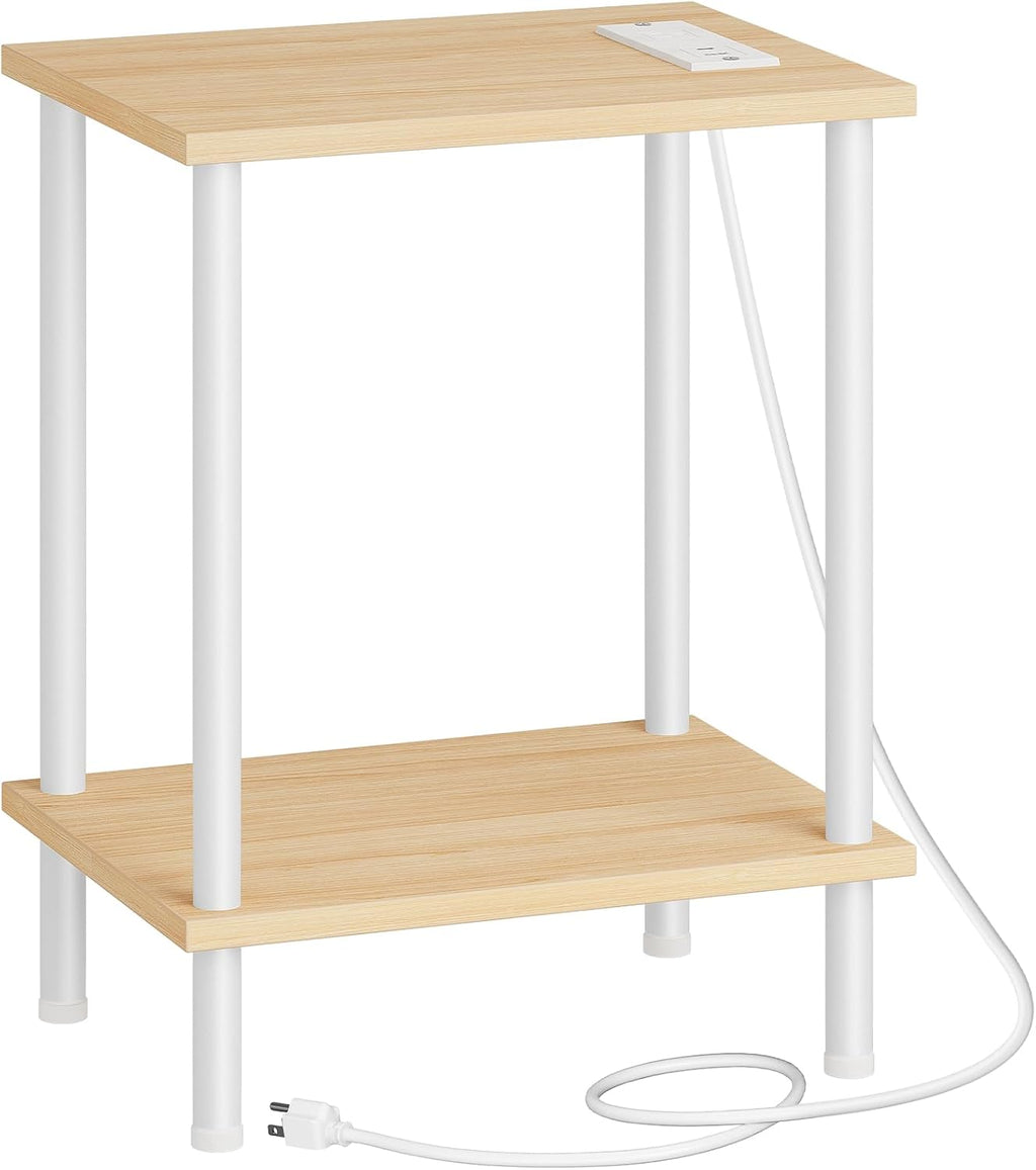 HOOBRO Side Table with Charging Station, End Table with USB Port and Outlet, Nightstand with 2-Layer Storage Shelves for Small Spaces, Living Room, Bedroom, Stable Frame, Natural and White WN09UBZ01