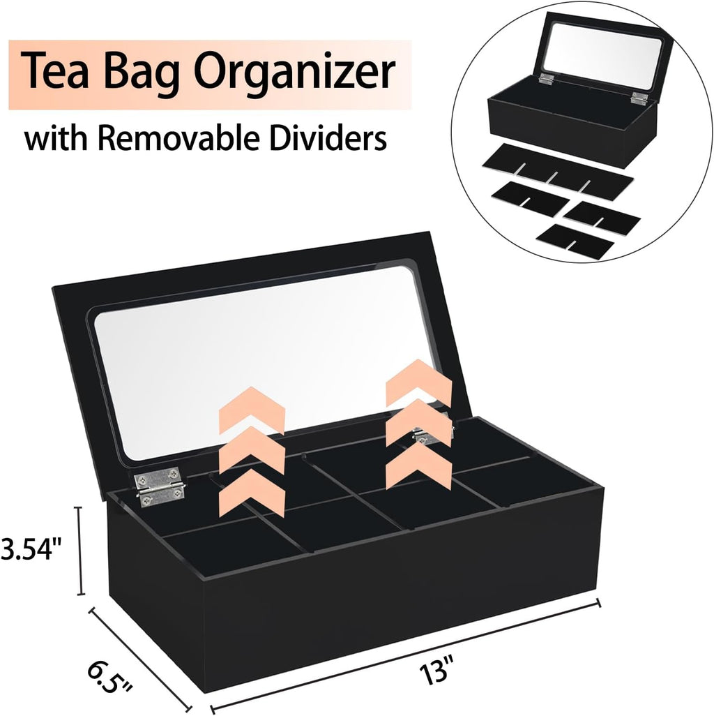 Tasybox Tea Bag Organizer, Acrylic Tea Box with Lid, Black Teabag Holder | 8 Slot Tea Bag Holder, Large Capacity Teabag Storage Box, Tea Organizers and Storage for Countertop, Pantry, Kitchen, Cabinet