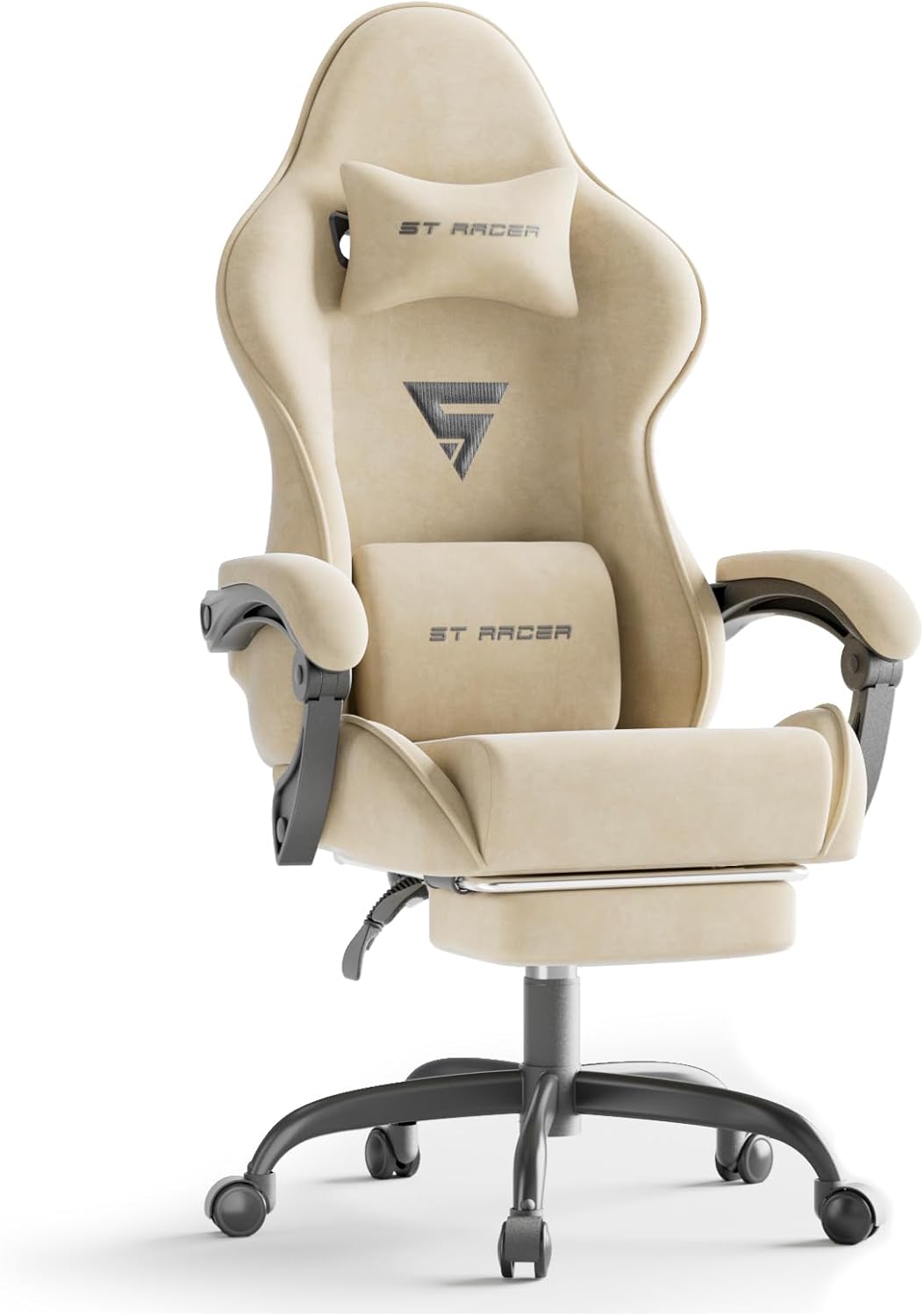 Gaming Chair Racing for Adult, Office Chair with Footrest Massage Lumbar Cushion, Velvet Fabric Reclining Video Game Chairs, Ergonomic Computer Chairs Height Adjustable, for Home Streaming, Beige