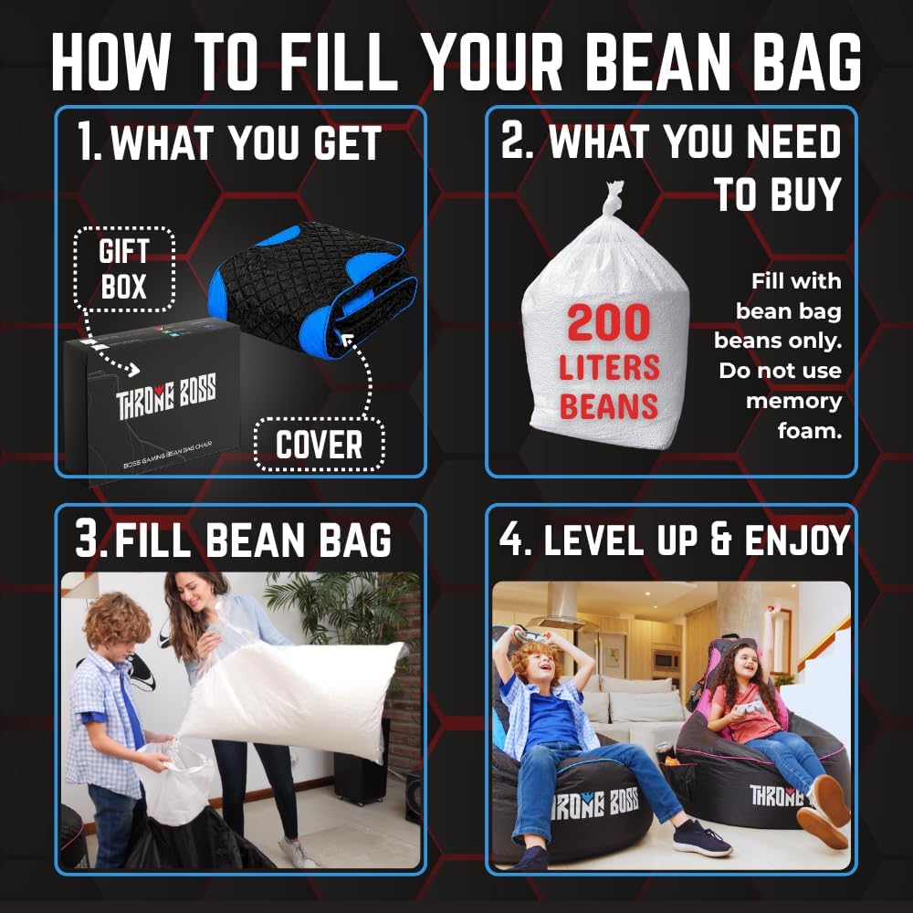 Gaming Bean Bag Chair Cover for Kids, High Back, Large Pockets, Blue