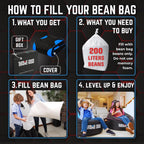 Gaming Bean Bag Chair Cover for Kids, High Back, Large Pockets, Blue