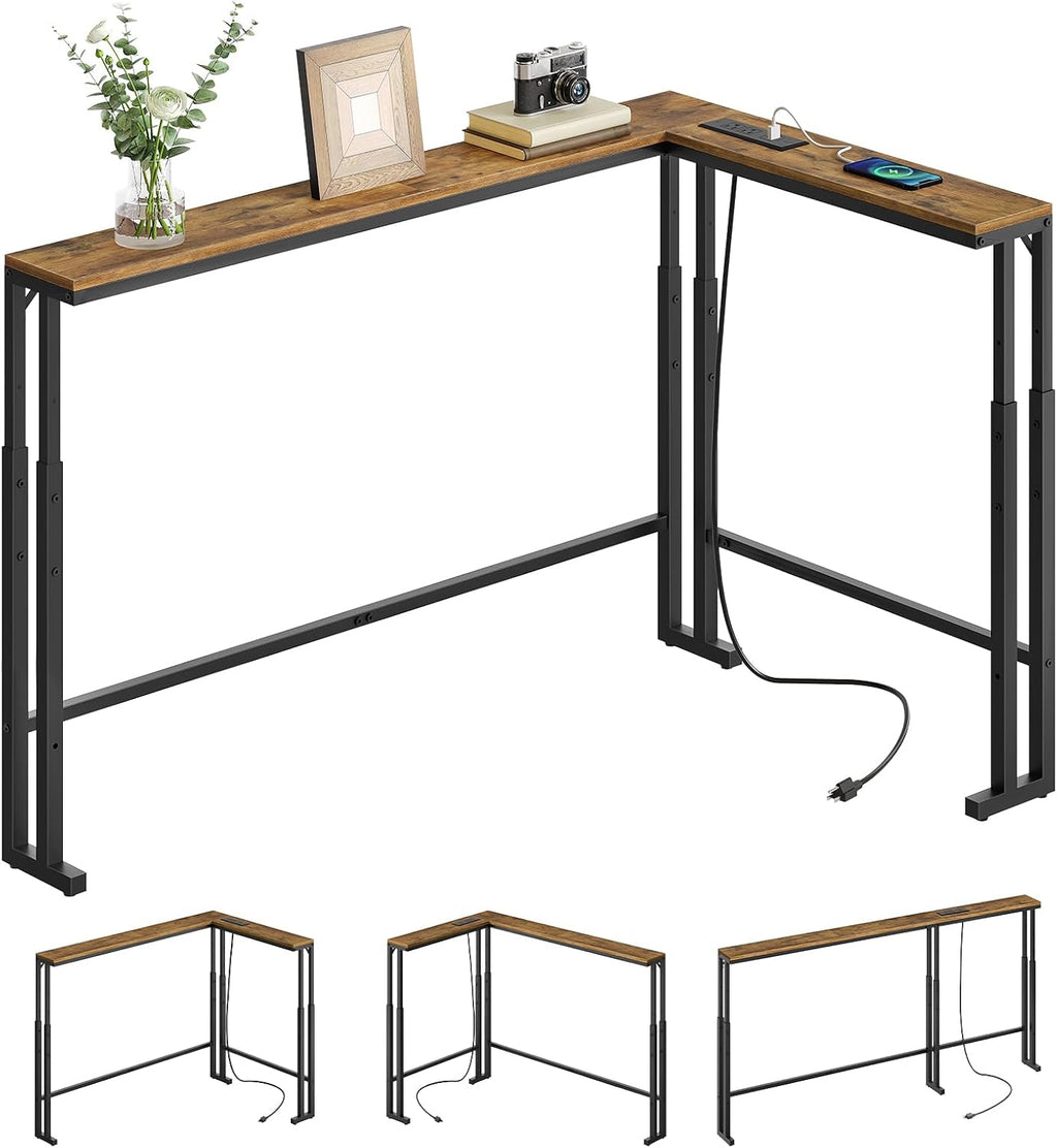 YATINEY 70.9" Narrow Console Table with Adjustable Height (27.6"-35.4"), L Shaped Sofa Table Narrow Long, Skinny Behind Couch Table with USB-C Ports, 5.9" Wide Sofa Side Table, Rustic Brown CT28UBR