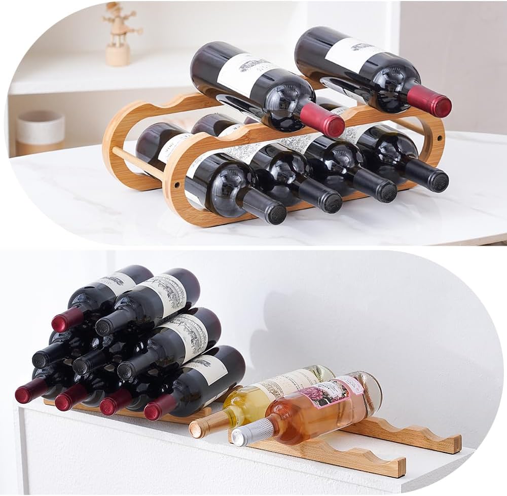 Wine Rack for Cabinet and Countertop - Adjustable in 2 Sizes - 3 Pack (2 Tier + 1 Tier+1 Tier) (Bamboo, Natural)