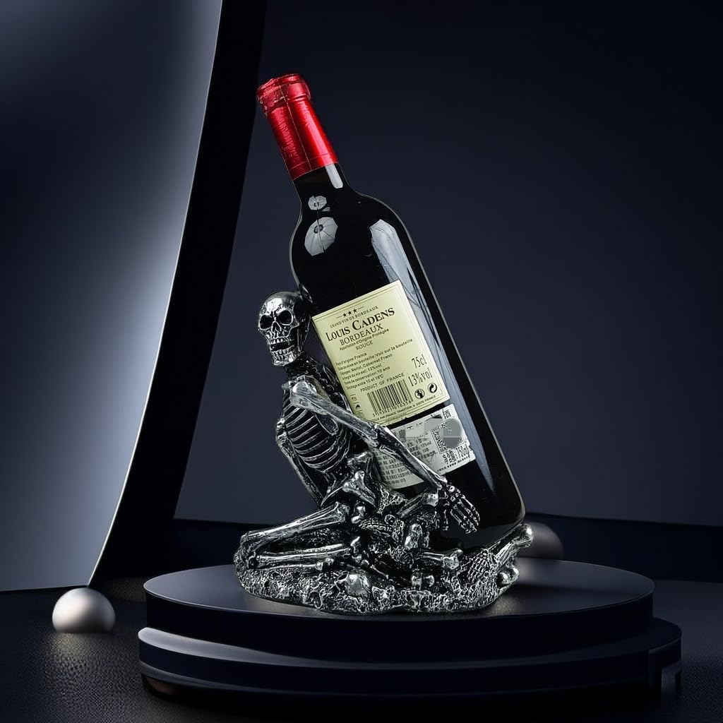 Gothic Skull Decorated Wine Bottle Rack, Halloween countertop Small Wine Rack, Room Emotional Decoration (Silvery)