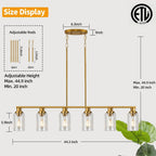 Kitchen Island Lighting, 6-Light Modern Dining Room Light Fixture Over Table,44.3'' Vintage Farmhouse Gold Linear Chandelier, Industrial Pendant Lights for Kitchen Island with Clear Glass Shade