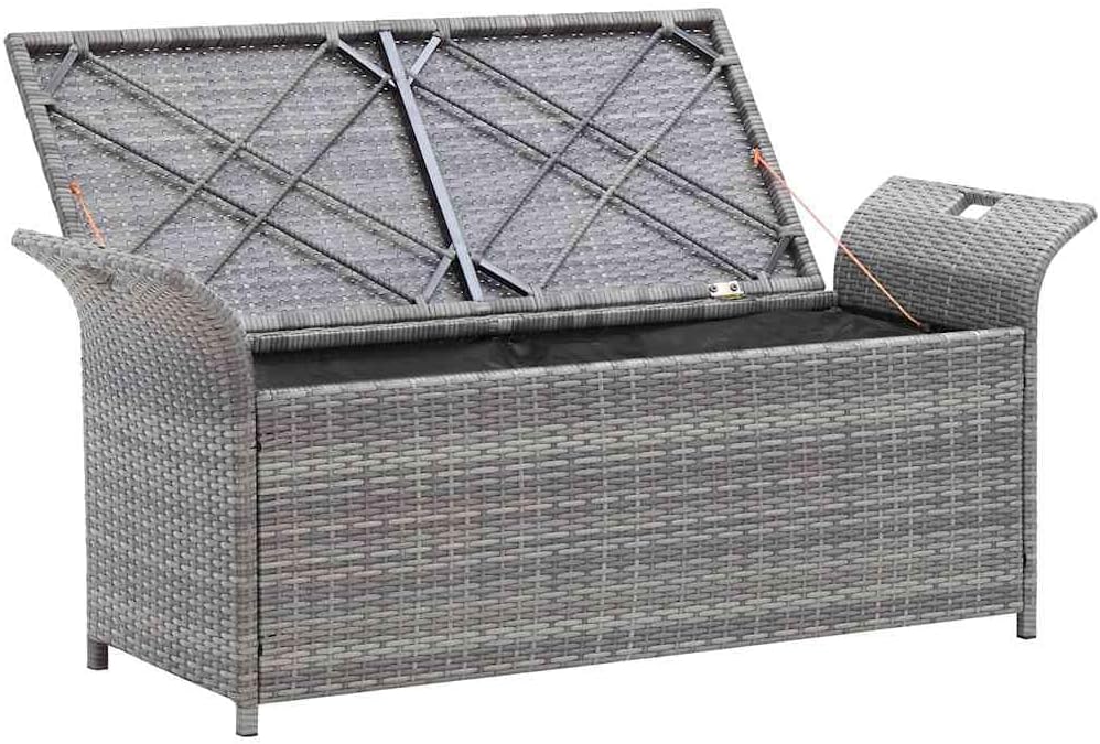 Poly Rattan Patio Storage Bench with Cushion Gray, 54.3 Inch Waterproof PE Storage Bench for Outdoor Use, Large Space with Removable Polyester Cover