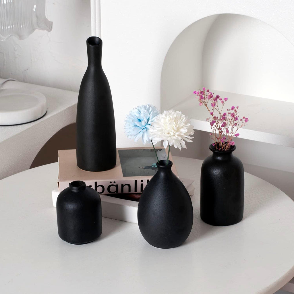 Black Ceramic Vase Set of 4, Classic Matte Vases Home Decorations for Table Shelf Office Decor (Black)