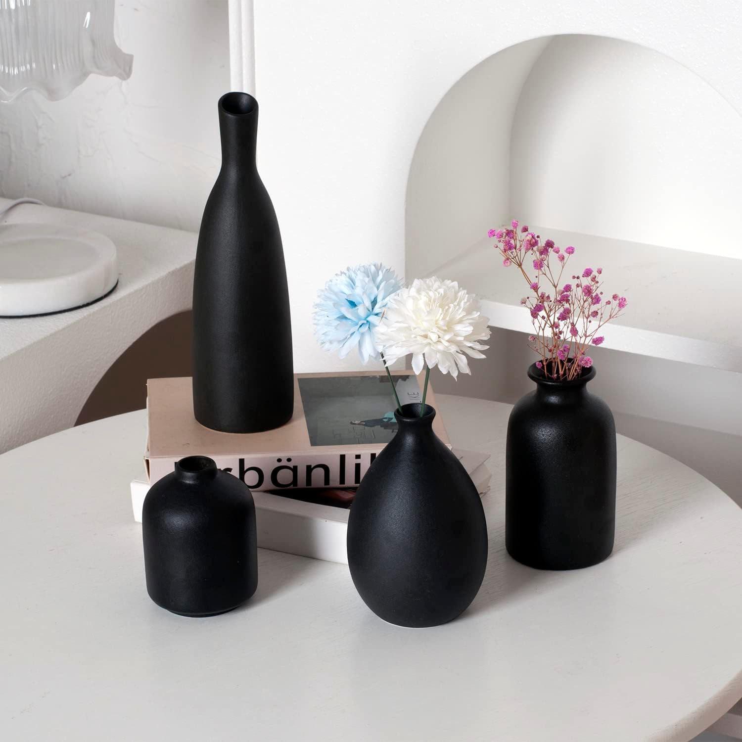 Black Ceramic Vase Set of 4, Classic Matte Vases Home Decorations for Table Shelf Office Decor (Black)