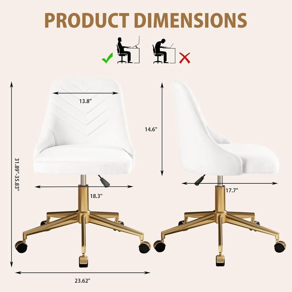 VECELO Velvet Vanity Desk Chair with Height-Adjustable for Office Living Room Bedroom Make Up Study, 360°Swivel, Wheeled Gold Base, Pearl White