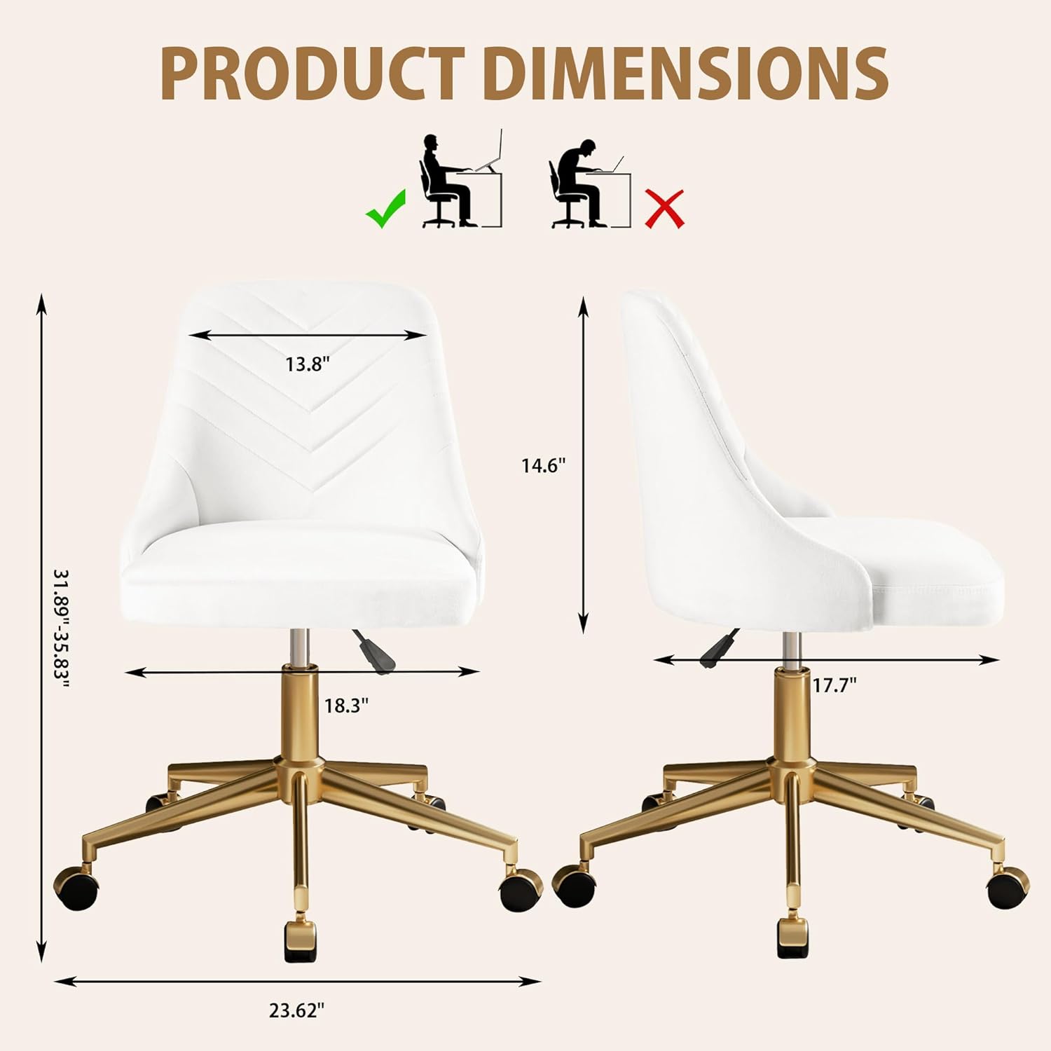 VECELO Velvet Vanity Desk Chair with Height-Adjustable for Office Living Room Bedroom Make Up Study, 360°Swivel, Wheeled Gold Base, Pearl White