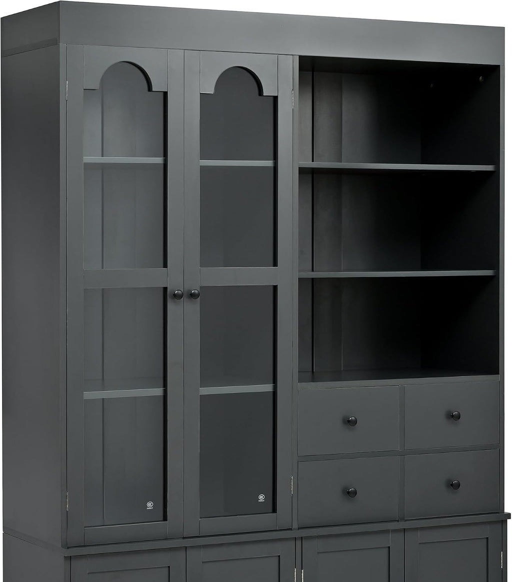 Tall Farmhouse Kitchen Pantry Storage Cabinet，47.2x15.7x75inch Freestanding Buffet with Hutch,Kitchen Pantry Cabinet with 4 Drawers,Door Shelves and Pull-out Trays for Dining room,Living Room,Gray