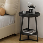 Gadroad Round End Table with Charging Station, Wood Tabletop & Black Metal Frame, 2 Tier Farmhouse Side Table Nightstand for Living Room, Bedroom, Black 15.7 * 15.7 * 23.0inches