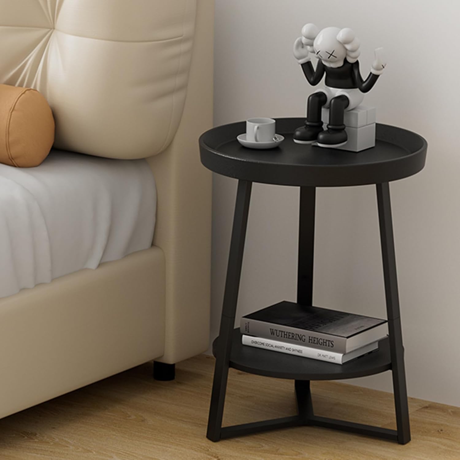 Gadroad Round End Table with Charging Station, Wood Tabletop & Black Metal Frame, 2 Tier Farmhouse Side Table Nightstand for Living Room, Bedroom, Black 15.7 * 15.7 * 23.0inches