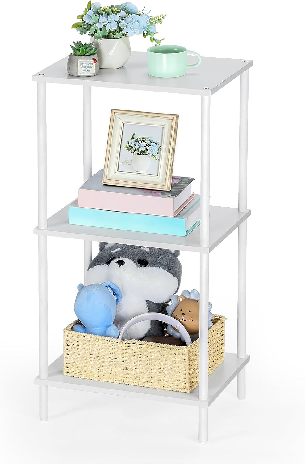 ETELI Tall End Table 3 Tier Small Tall Side Table Stand with Storage Shelves 31.6 Inch Nightstand Bedside Telephone Table for Small Space Living Room Bedroom Bathroom Kitchen, White