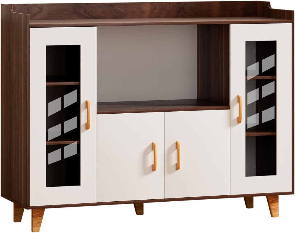 120cm Kitchen Storage Cabinet with 4 Doors & Open Shelf, Wood Grain Buffet Sideboard for Dining Room, Multi-Purpose TV Stand & Coffee Bar Cabinet Brown