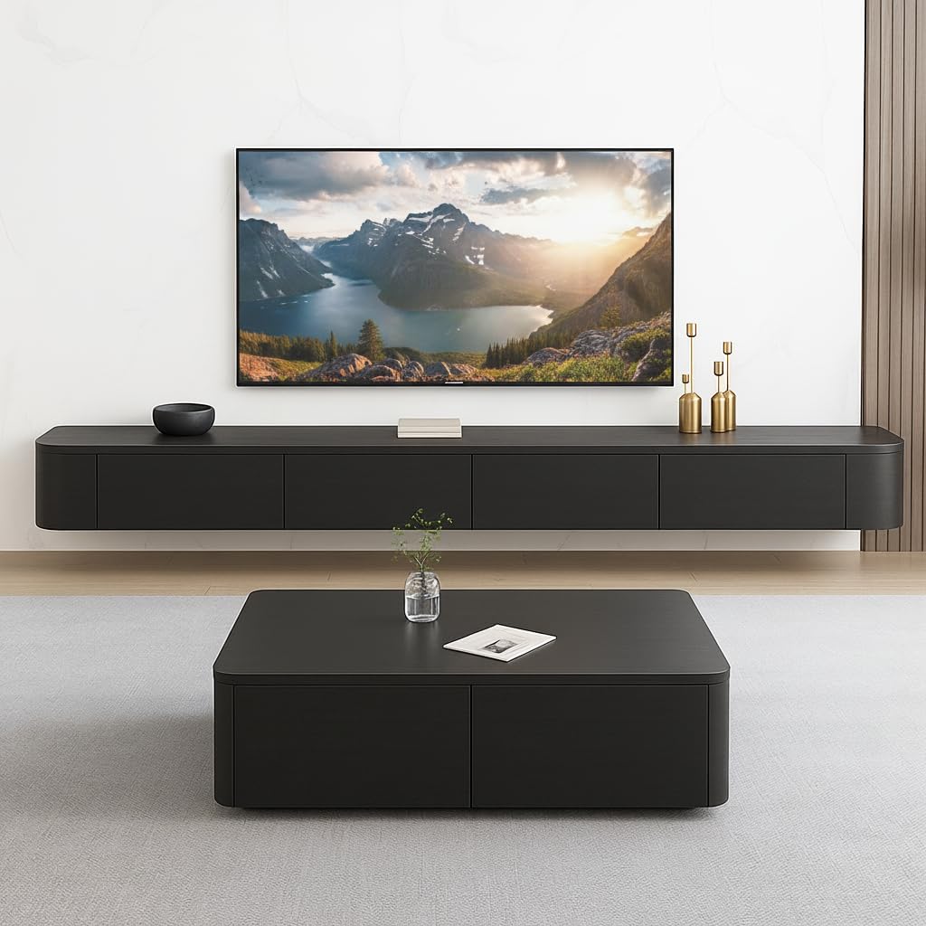 Floating TV Stand,47-118" Wall Mounted TV Shelf, Floating TV Consolewith Flip-Down Doors & Drawers, Modern TV Media Console Center Large Storage TV Stand (Black-Led, 110.2")