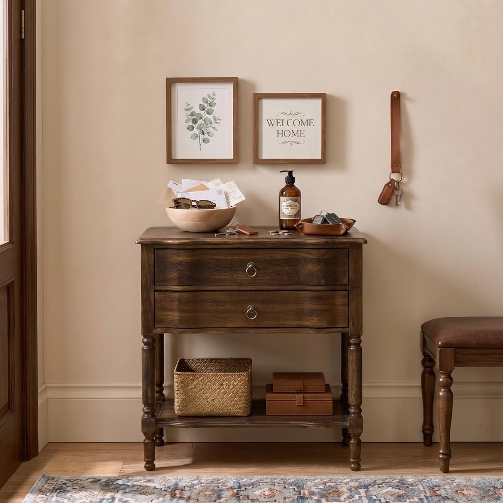 HULALA HOME End Table with Charging Station, Solid Wood Side Table with 2 Drawers & Open Shelf, Vintage Finish, Spindle Legs(Walnut)