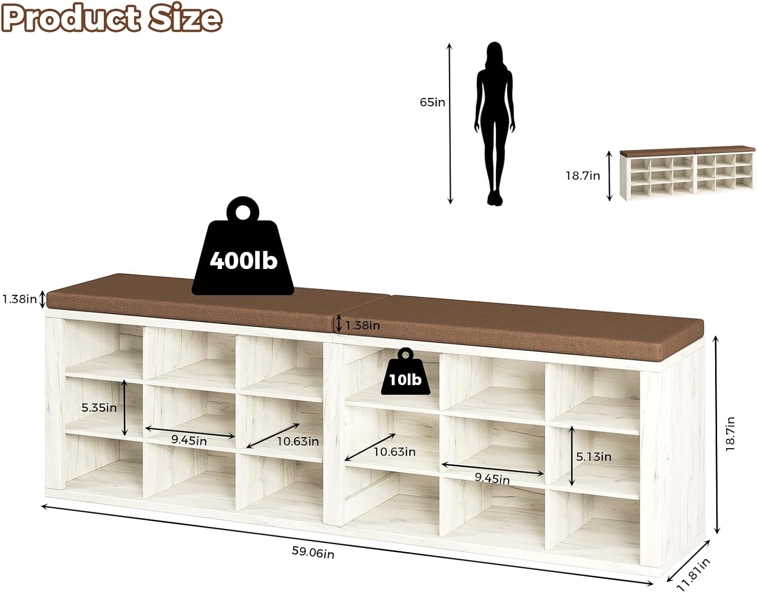 ITEFDTUTNE Entryway Bench with Shoe Storage, 59" Wood Shoe Storage Bench with Cushion (18 Cubbies) for Hallway Living Room Bedroom