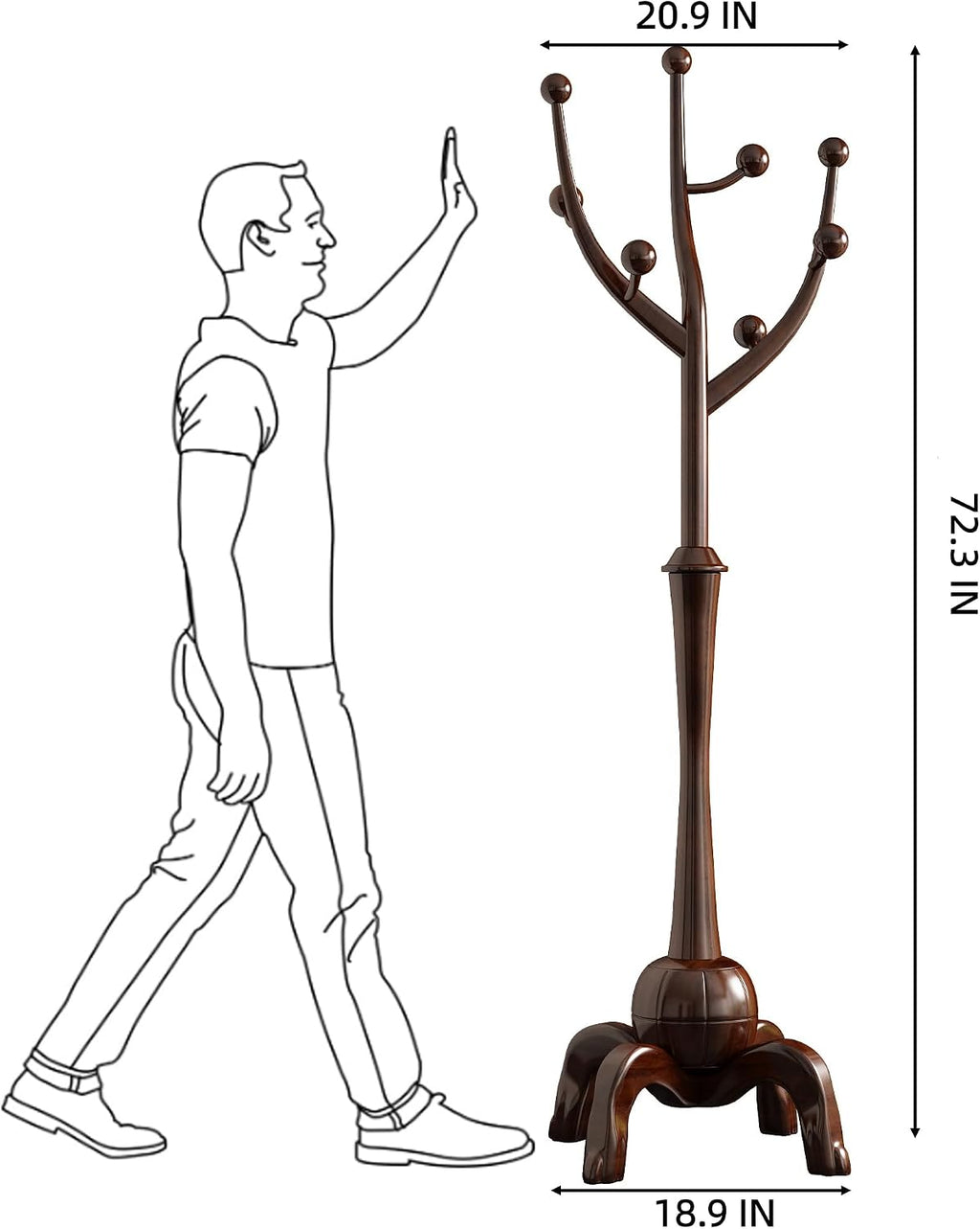 Wood Freestanding Coat Rack 8 Hooks Coat Tree Standing,Dark Walnut | Wooden Creative Clothes Hanger with Sturdy Sphere Base and Tree Branch Hooks 160lb Load Capacity for Entryway Hallway Bedroom