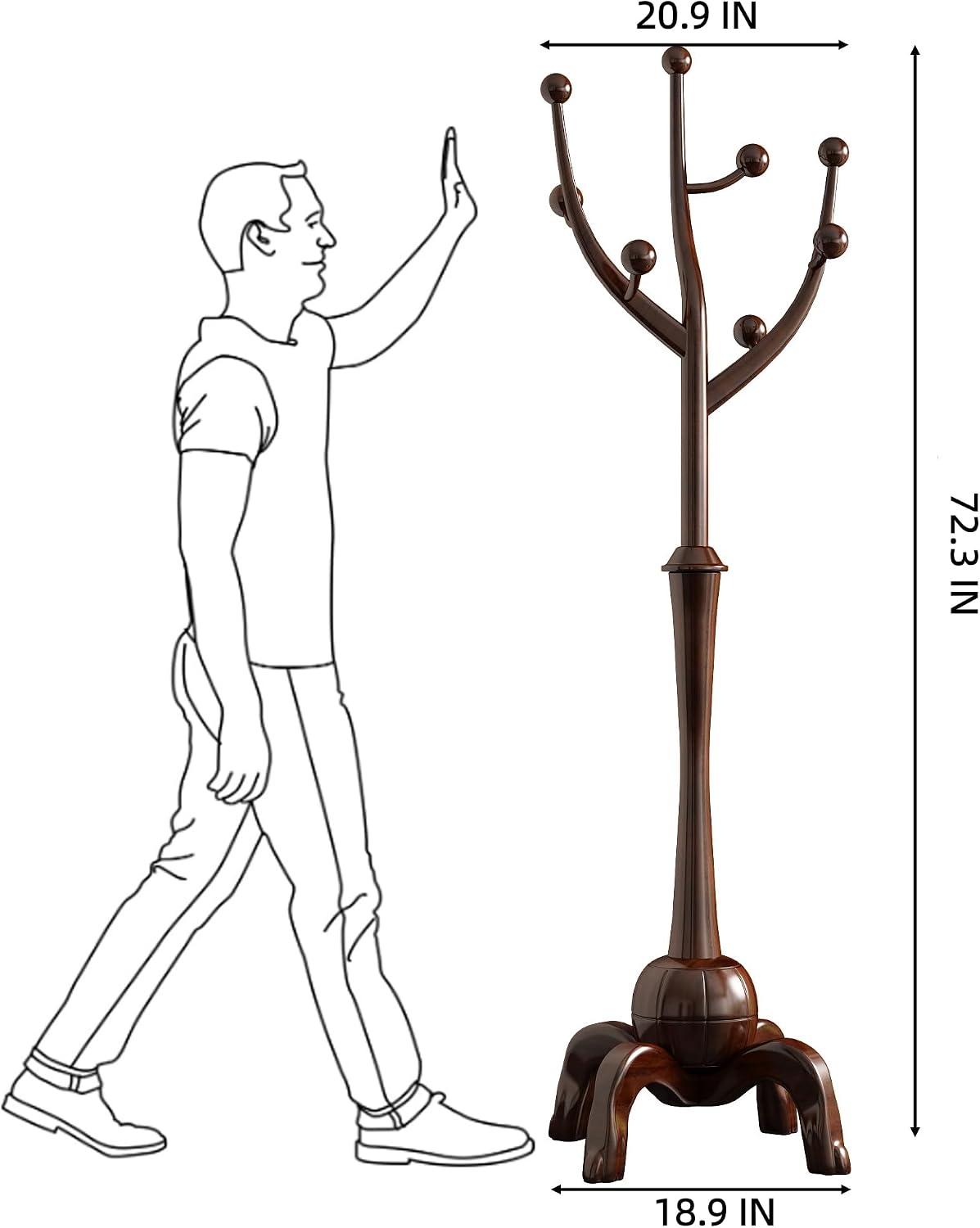 Wood Freestanding Coat Rack 8 Hooks Coat Tree Standing,Dark Walnut | Wooden Creative Clothes Hanger with Sturdy Sphere Base and Tree Branch Hooks 160lb Load Capacity for Entryway Hallway Bedroom