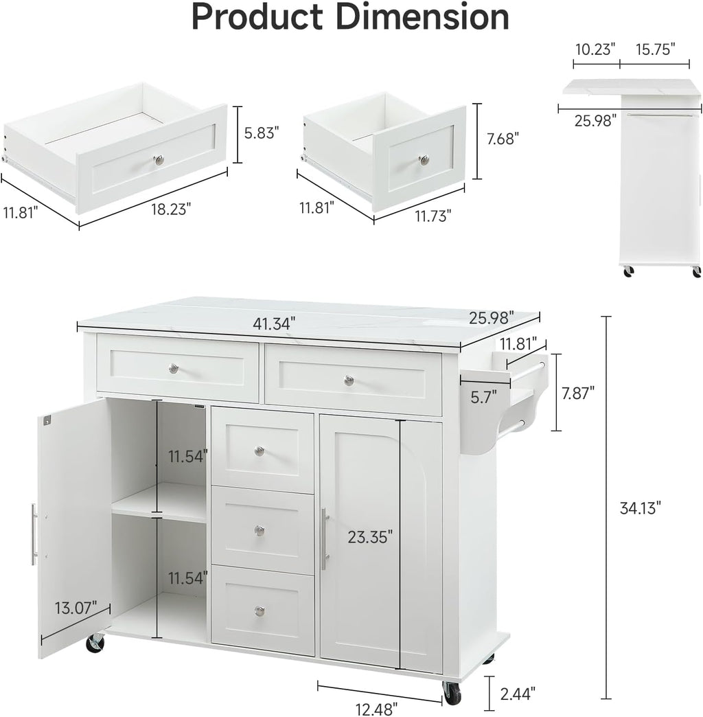 ONBRILL 47" Kitchen Island with 2 Storage Cabinets & 5 Drawers, Mobile Island Table for Kitchen with Imitation Marble Drop Leaf, Rolling Island Cart with Power Outlet & Spice Rack & Towel Rack, White