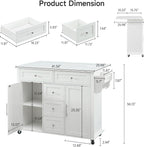 ONBRILL 47" Kitchen Island with 2 Storage Cabinets & 5 Drawers, Mobile Island Table for Kitchen with Imitation Marble Drop Leaf, Rolling Island Cart with Power Outlet & Spice Rack & Towel Rack, White