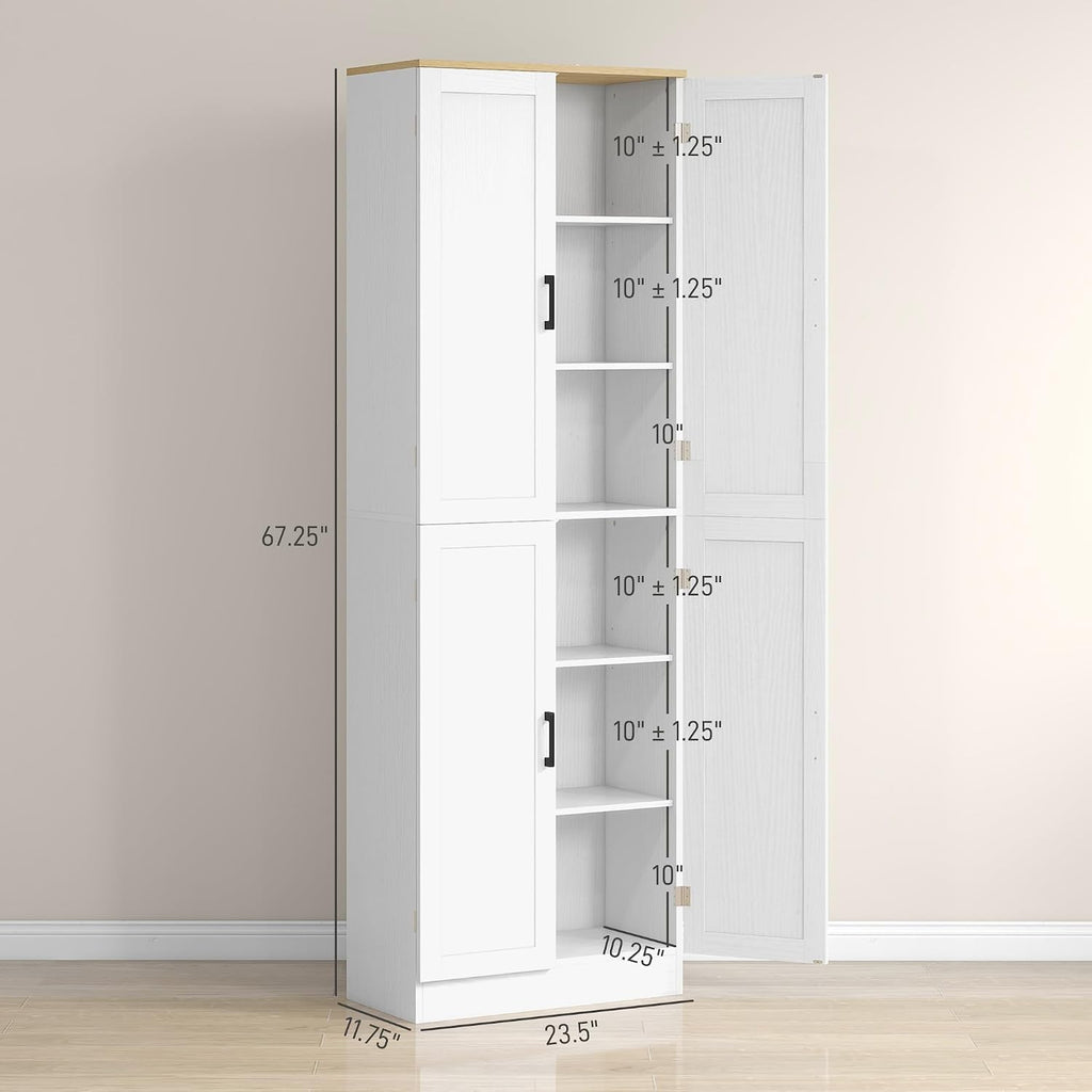 HOMCOM 67" Freestanding Kitchen Pantry, 4-Door Storage Cabinet Organizer with Adjustable Shelves, Kitchen Cabinet with Doors and Shelves, Distressed White