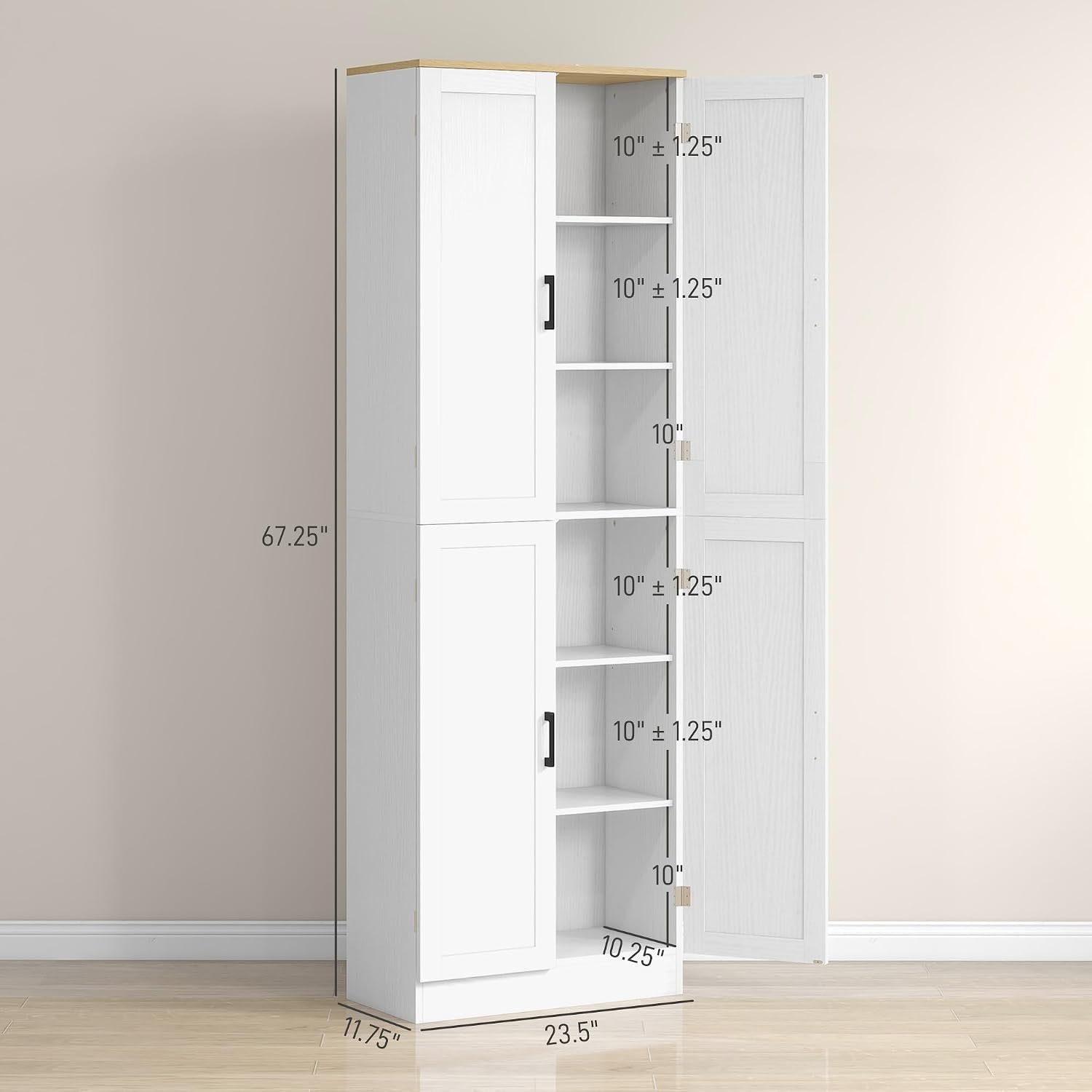 HOMCOM 67" Freestanding Kitchen Pantry, 4-Door Storage Cabinet Organizer with Adjustable Shelves, Kitchen Cabinet with Doors and Shelves, Distressed White