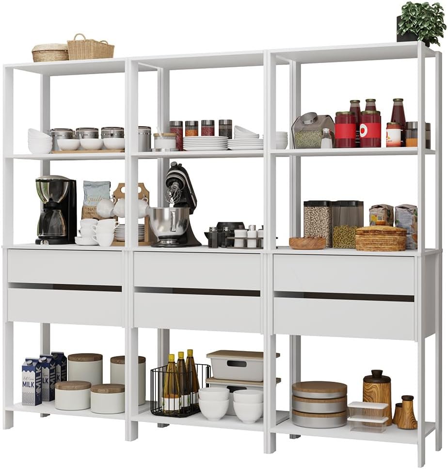 Madesa Kitchen Pantry Storage Rack with 6 Drawers and Open Shelves 82" L Multiuse Modular Cabinet for Kitchen Organization (White)
