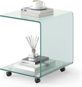 Tangkula Tempered Glass Side Table, Modern C-Shaped Bedside Table Nightstand with Storage Shelf, 4 Lockable Universal Wheels, Rolling Sofa End Table for Living Room Bedroom Office (1, Transparent)