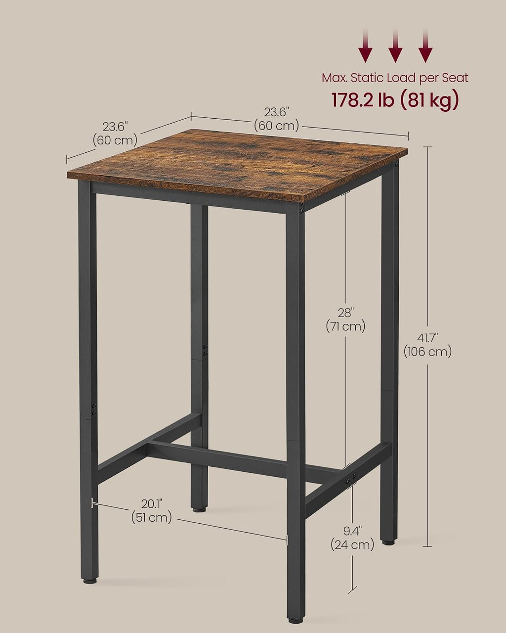 VASAGLE Bar Table, Kitchen Dining Table, High Top Pub Table, Bar Height Cocktail Table for Living Room Party, Sturdy Metal, 23.6 x 23.6 x 41.7 Inches for Narrow Spaces, Rustic Brown and Ink Black