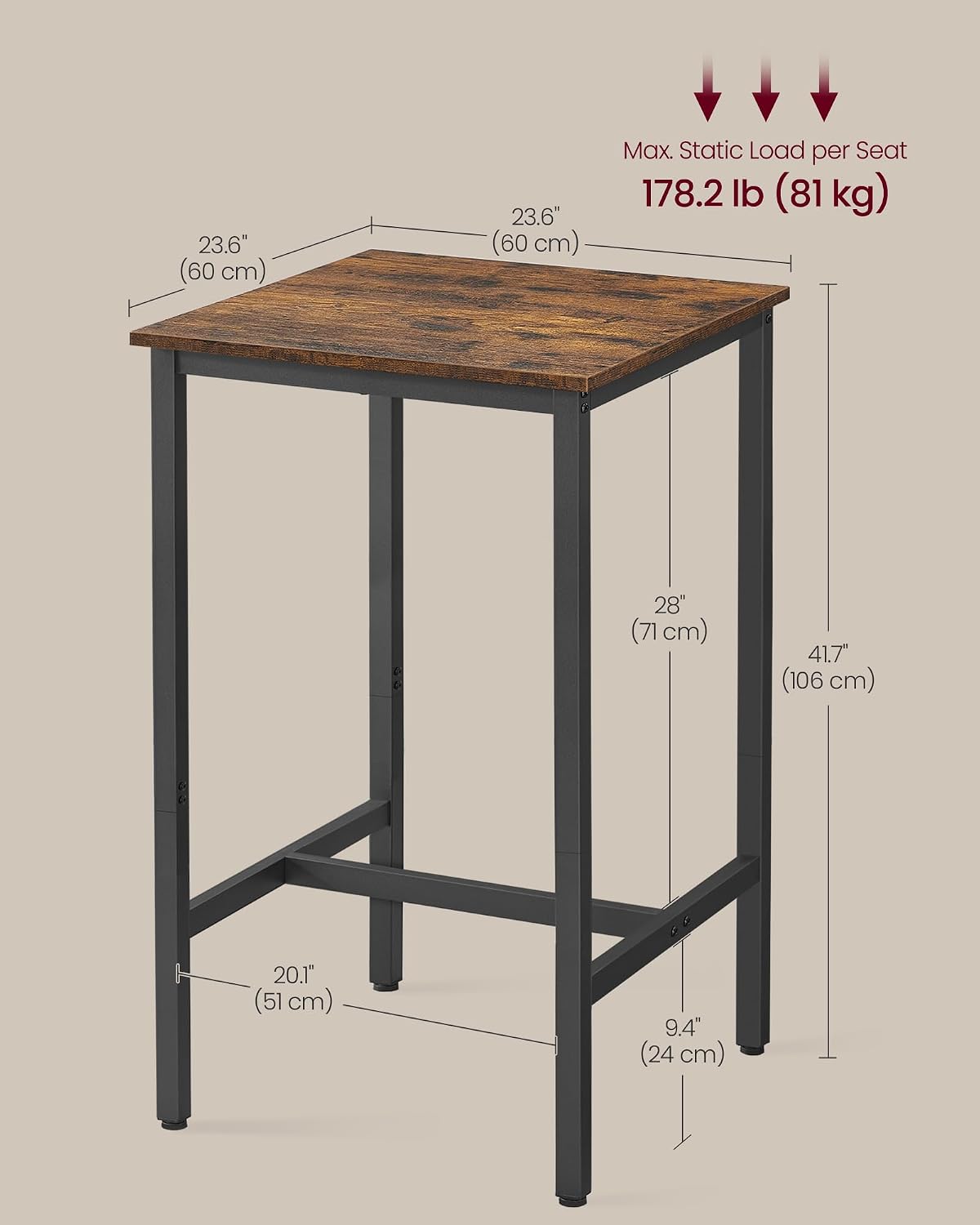VASAGLE Bar Table, Kitchen Dining Table, High Top Pub Table, Bar Height Cocktail Table for Living Room Party, Sturdy Metal, 23.6 x 23.6 x 41.7 Inches for Narrow Spaces, Rustic Brown and Ink Black
