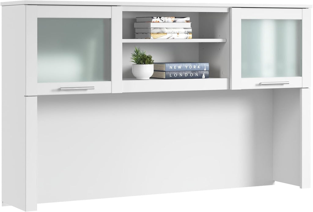 Bush Home 60-Inch Desk Hutch, Office Storage Organizer with Shelves, Cubbies and Frosted Glass Doors for Computer Desk, Home Office Furniture, Somerset Collection, White