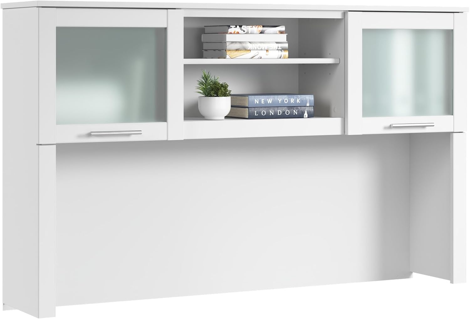 Bush Home 60-Inch Desk Hutch, Office Storage Organizer with Shelves, Cubbies and Frosted Glass Doors for Computer Desk, Home Office Furniture, Somerset Collection, White