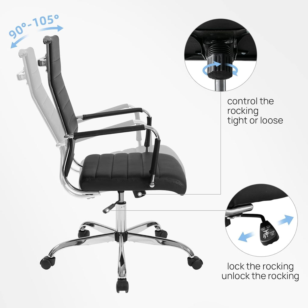 Office Desk Chair with Wheels Set of 8, Ergonomic Black Leather Conference Room Chairs Height Adustable | Ribbed High Back | Swivel Rolling Task Chair, Black