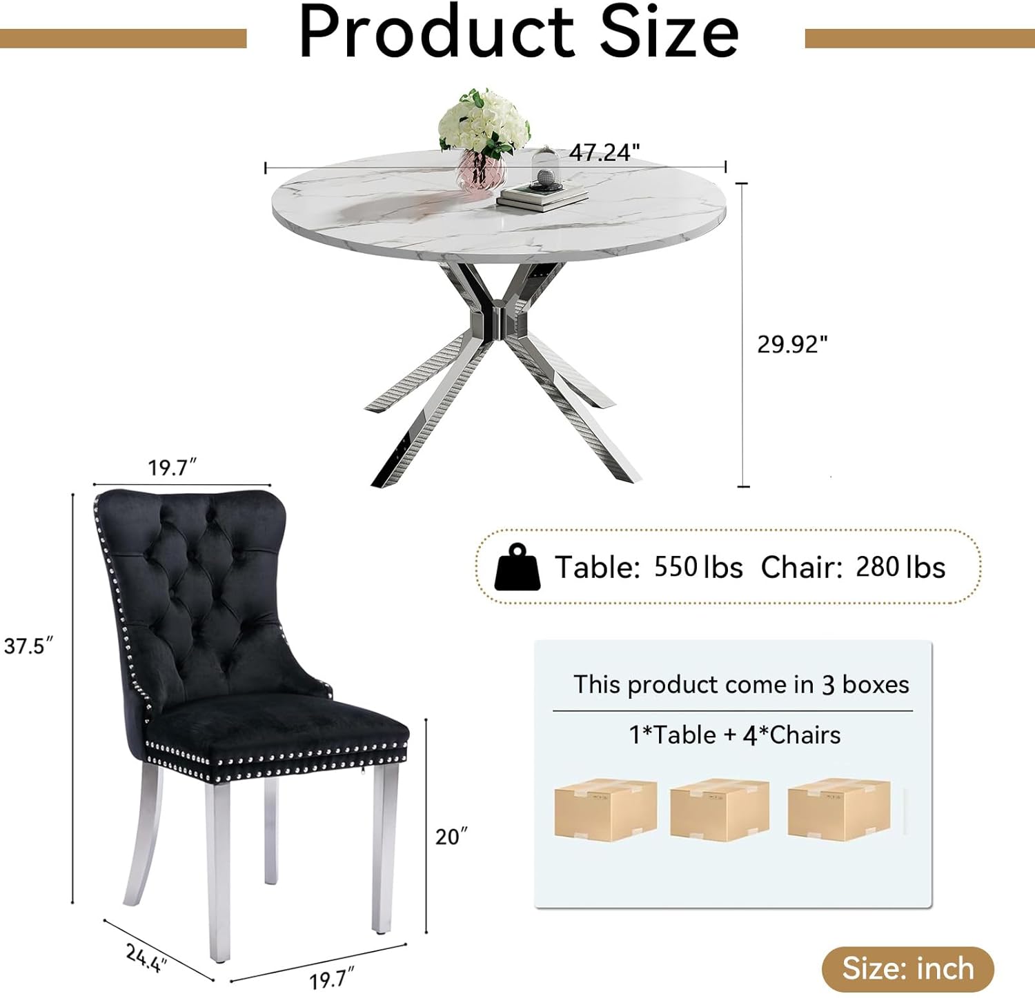 47.2" Round Dining Table Set for 4, White Faux Marble Kitchen Table & 4 Black Velvet Chairs with Silver Stainless Steel Legs, Luxury 5 Piece Round Dining Room Table Set for Kitchen Dining