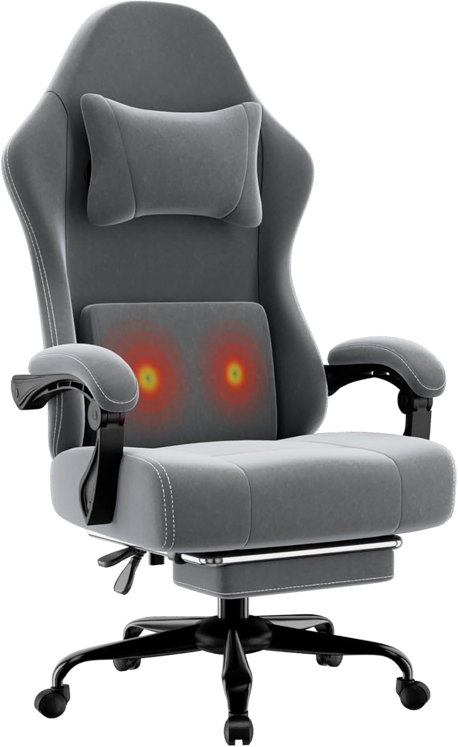 Massage Gaming Chair for Adults, Ergonomic Video Game Chair with Lumbar Support and Footrest, Height Adjustable Fabric Computer Chair with Pocket Spring Cushion (Light Gray)