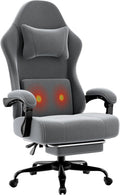 Massage Gaming Chair for Adults, Ergonomic Video Game Chair with Lumbar Support and Footrest, Height Adjustable Fabric Computer Chair with Pocket Spring Cushion (Light Gray)