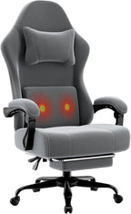 Massage Gaming Chair for Adults, Ergonomic Video Game Chair with Lumbar Support and Footrest, Height Adjustable Fabric Computer Chair with Pocket Spring Cushion (Light Gray)
