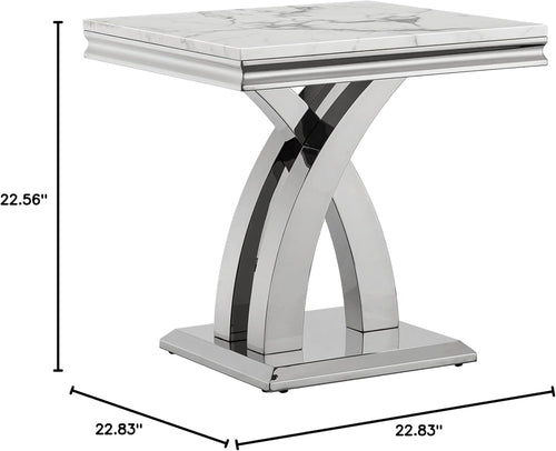 1 Piece Living Room End Table Luxury Faux Marble Sofa Side Table, Modern White Silver End Table with X-Shape Stainless Steel Pedestal Base