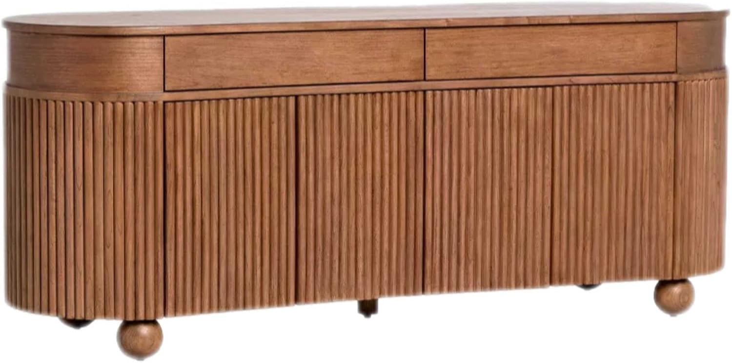 French Mid-Century Curved Fluted Solid Wood Sideboard – Premium Storage Cabinet with Drawers and Doors, Luxury Dining Room Buffet Console with Spherical Legs