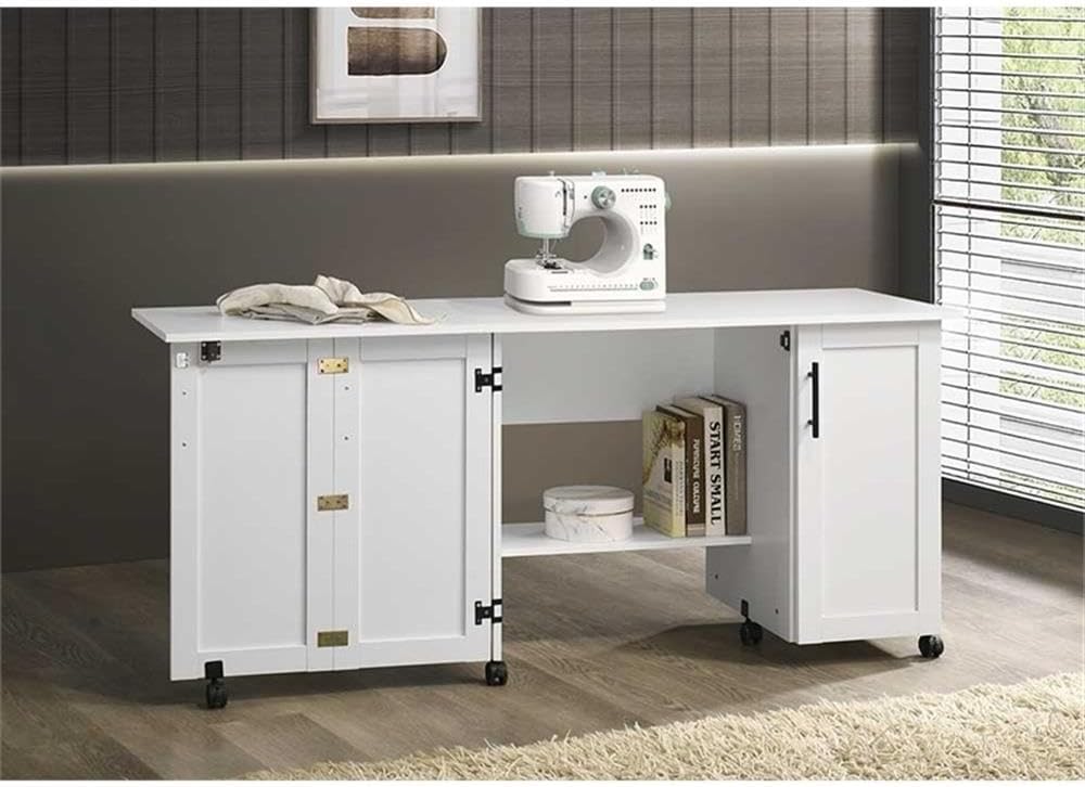 Pemberly Row White Rolling Kitchen Cart with Drop Leaf – Engineered Wood Storage Cart with Adjustable Shelves and Casters, 62.25" W x 19.5" D x 28.5" H