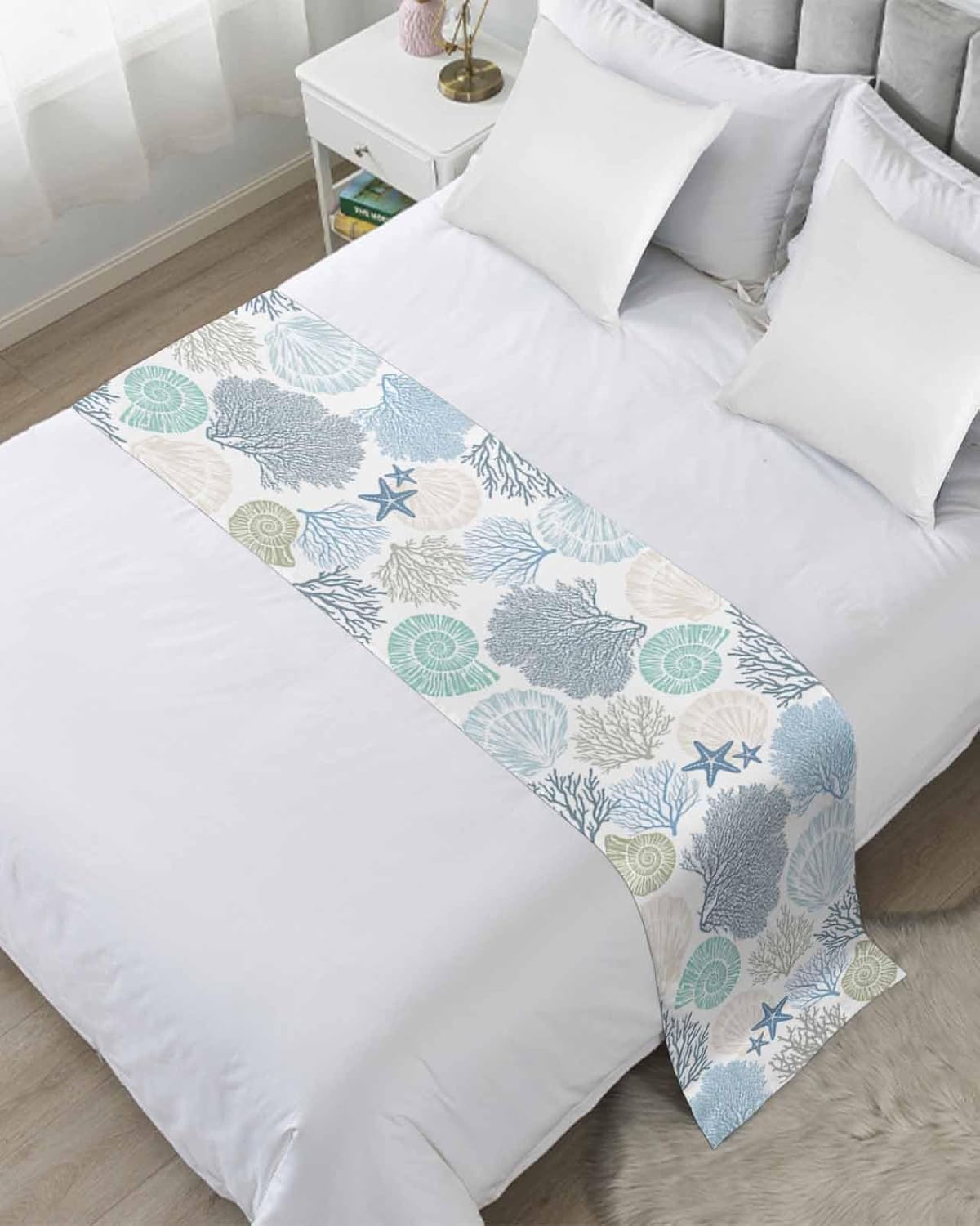 Blue Teal Coral Bed Runners for Queen Size Bed, Bed Throws for Foot of Bed, Summer Beach Starfish Coastal Modern Geometric Bed Runner Sofa Throw Bedding Scarf Protector Slipcover for Bedroom