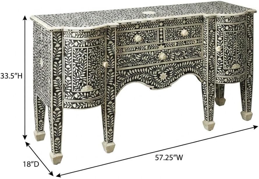 Starlight Canyon Home Boho Buffet Cabinet with 4 Drawers, Eclectic Wood Sideboard with Bone Inlay Detail in Black for Dining Room